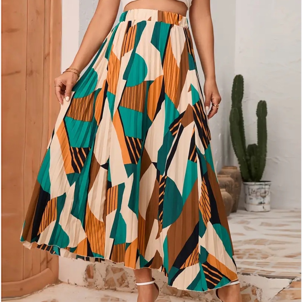Boho Geo Print Pleated Skirt